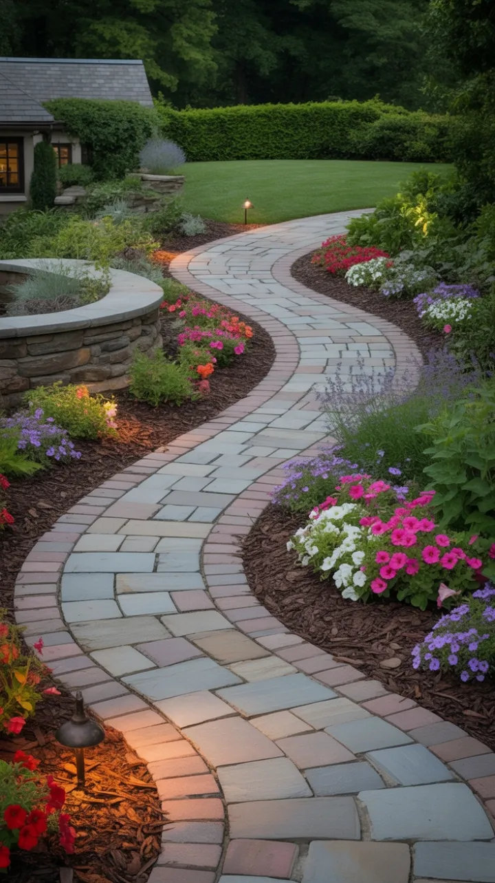 Winding Stone Pathway to a Flower-Lined Cottage Retreat