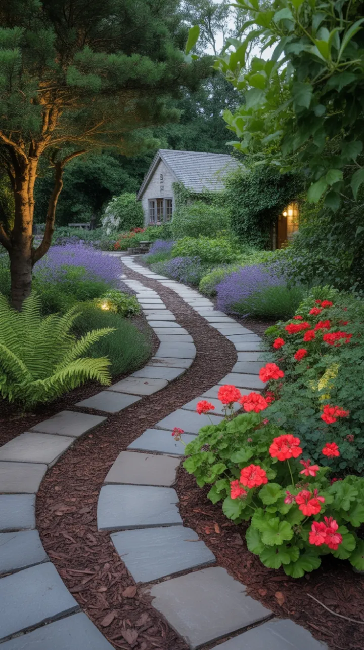 Winding Stone Driveway to a Cottage Nestled in a Blooming Garden