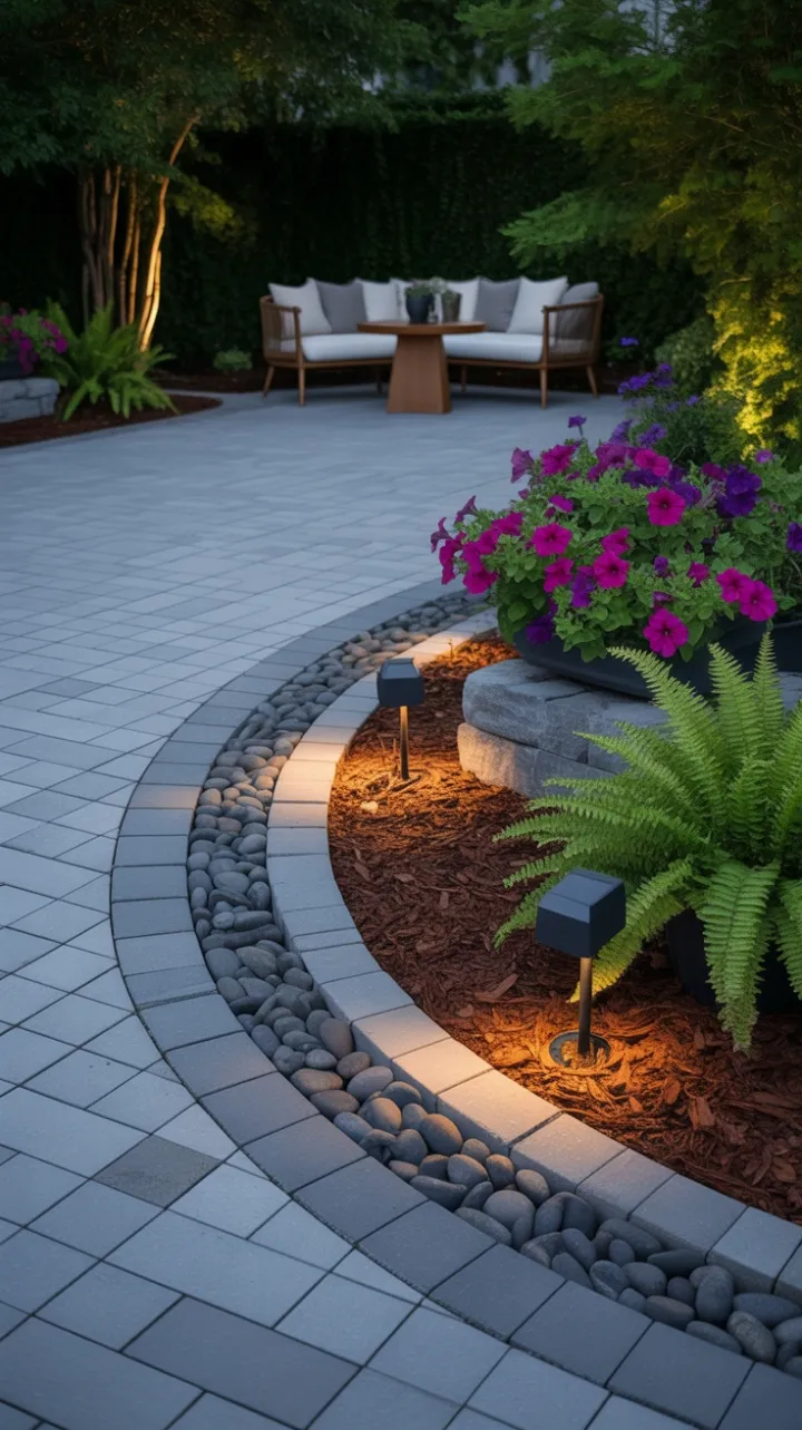 Warm-Glow Driveway of Elegant Pavers, River Stones and Lush Blooms