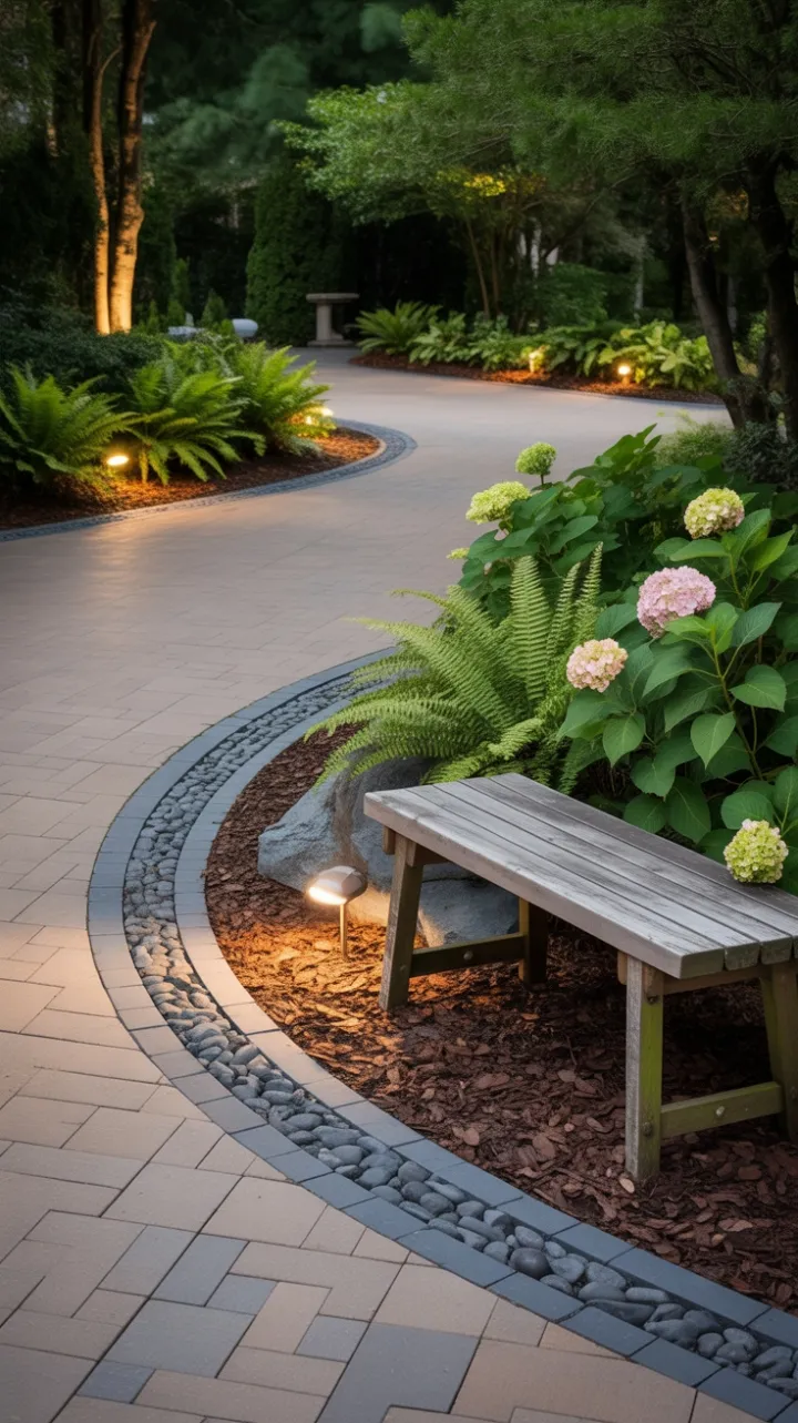 Winding Stone Driveway Framed by Hydrangeas, Ferns and Warm Light