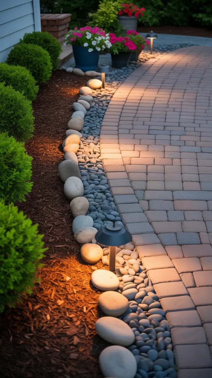 Elegant Warm-Gray Driveway Framed by Lush Boxwood, River Stone Borders, and Blooming Pots