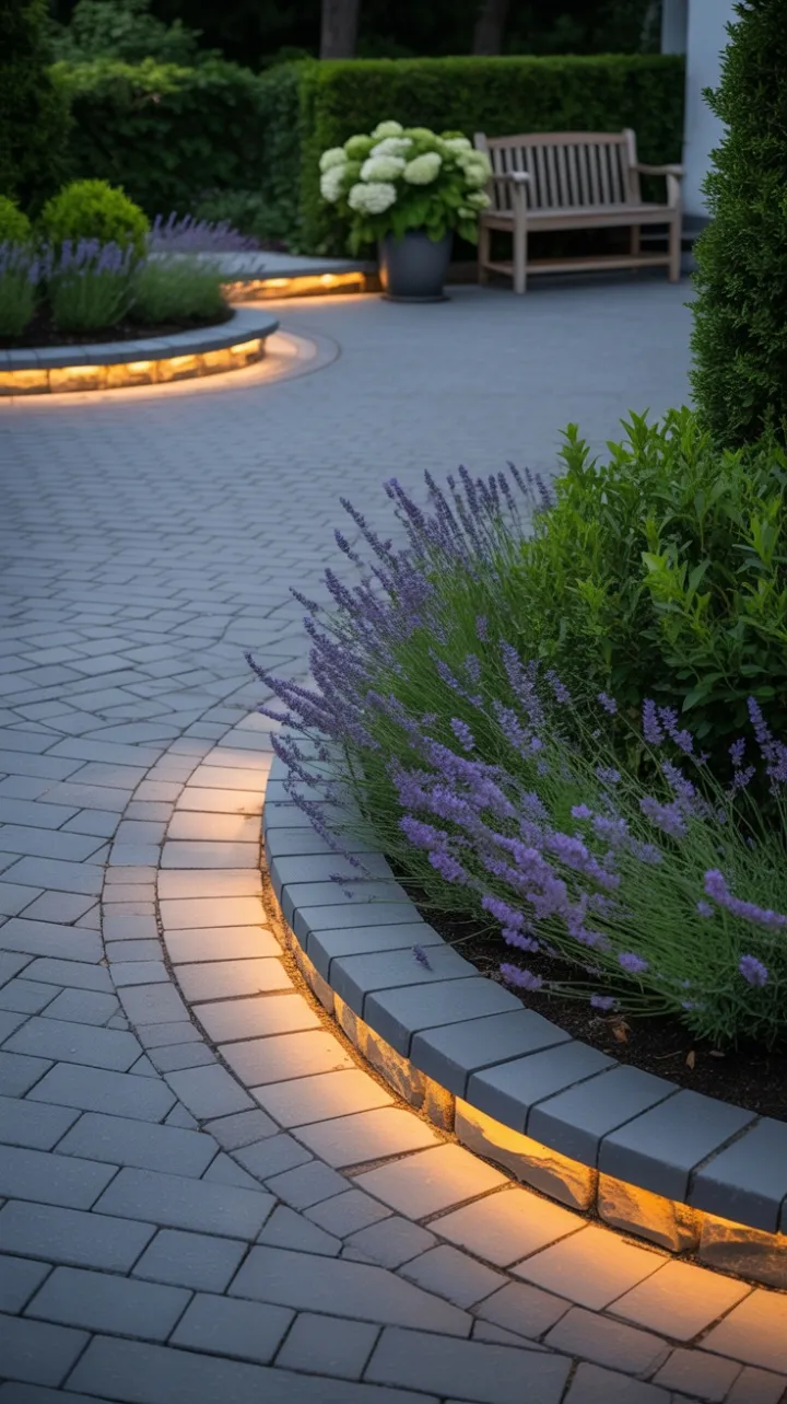 Lavender-Lined Herringbone Driveway Bathed in Golden Light