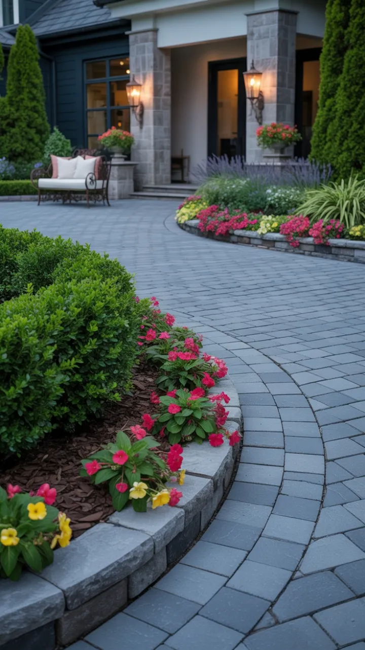 Elegant Curved Grey Paver Driveway Framed by Emerald Boxwoods and Warm Stone Lighting