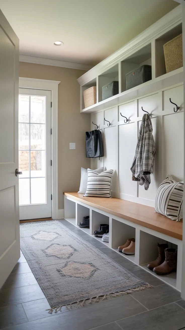 Step into effortless organization with this modern mudroom's drop zone entry. The perfect blend of style and function for your entryway design.