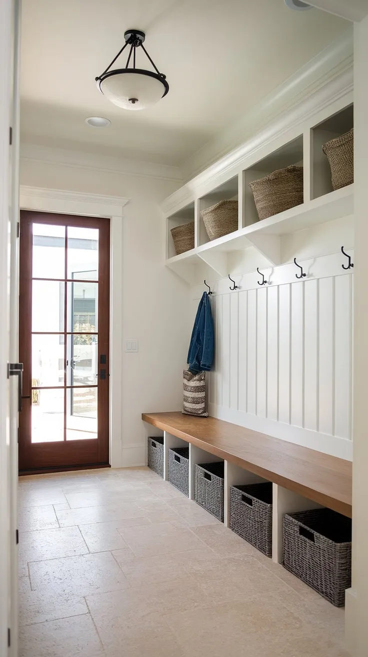 This entryway design showcases a stunning modern mudroom, complete with a practical drop zone entry. A built-in mudroom wood bench with woven baskets offers ample storage, while overhead hooks keep coats and bags readily accessible. The light and airy space, featuring beige tile flooring and white walls, makes a perfect foyer mudroom or entry hall mudroom. This mudroom with drop zone is a testament to smart mudroom ideas, creating an organized and welcoming mudroom entrance.