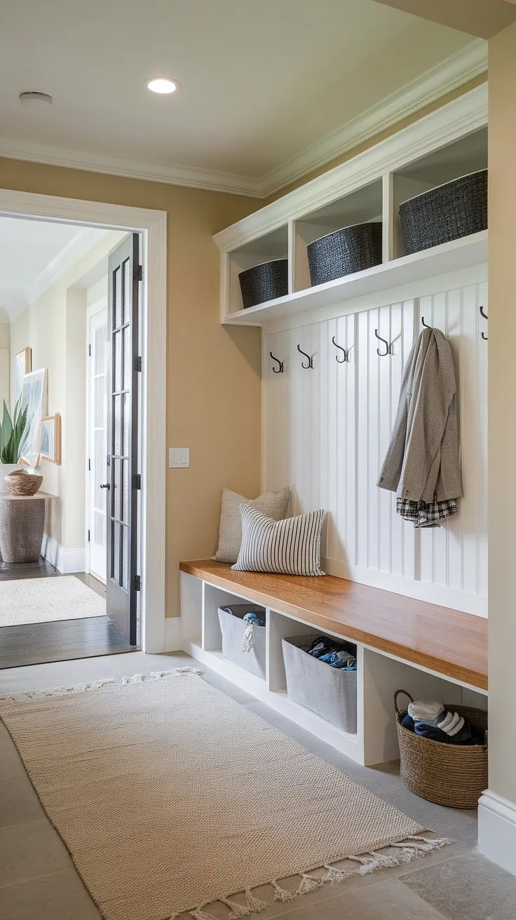 A stylish entryway design solution: this entryway mudroom offers ample storage and organization. The mudroom wood bench provides a comfortable seating area, while the drop zone entry keeps shoes and other items contained. The neutral color palette and clean lines create a modern mudroom feel, making this foyer mudroom and entry hall mudroom a functional and aesthetically pleasing addition to any home. Consider these mudroom ideas for your own mudroom with drop zone.
