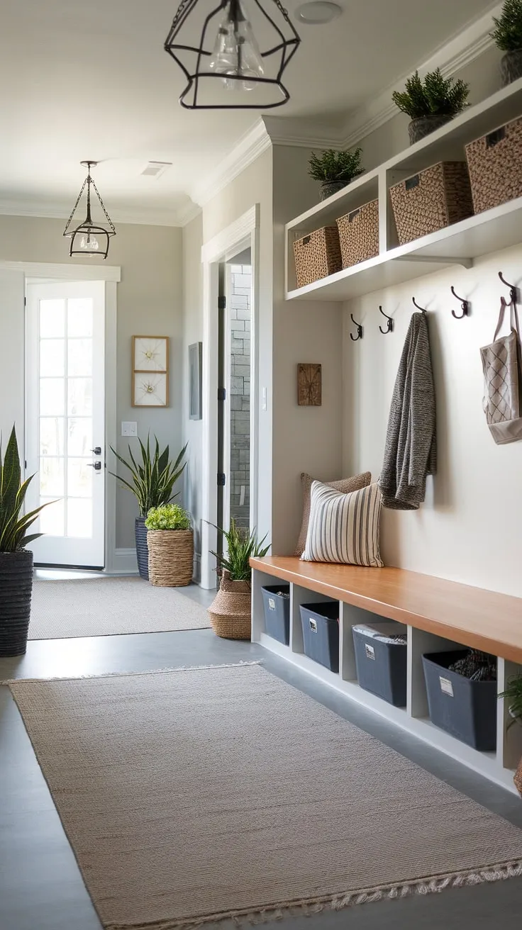 This entry hall mudroom boasts a stunning drop zone entry, complete with a mudroom wood bench and ample storage. Perfect mudroom ideas for a stylish and practical foyer mudroom or mudroom entrance.