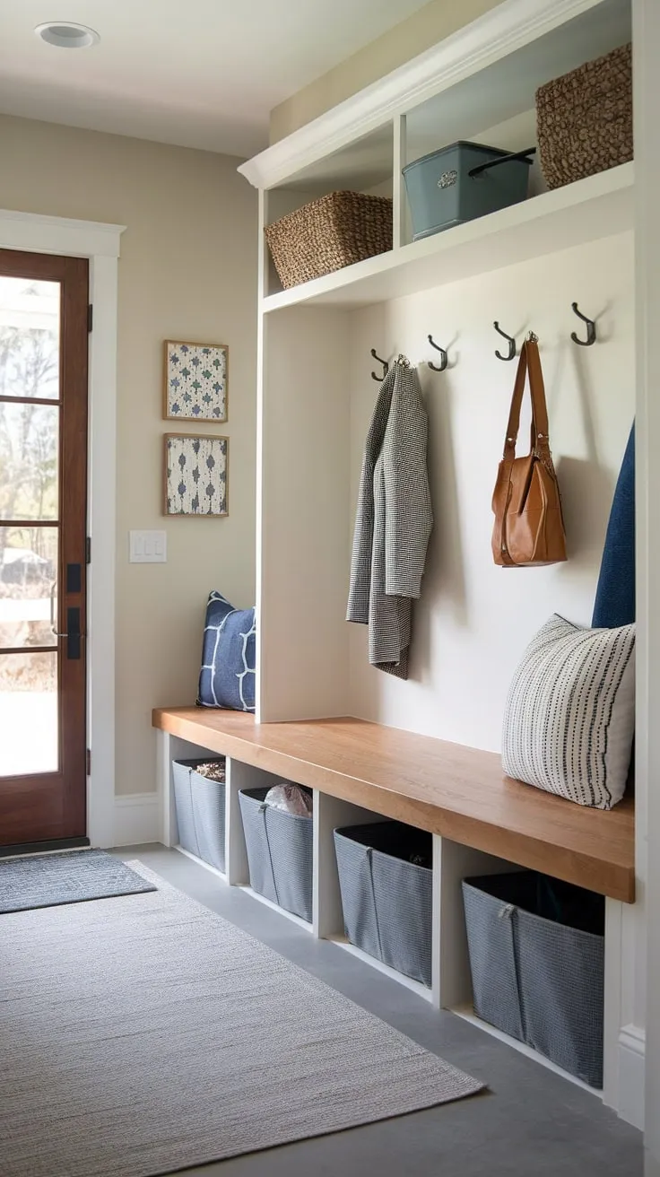 Effortless organization starts here. This modern mudroom's drop zone entry, complete with a wood bench and ample storage, transforms a mudroom entrance into a stylish foyer mudroom, perfect for entryway design and mudroom ideas.