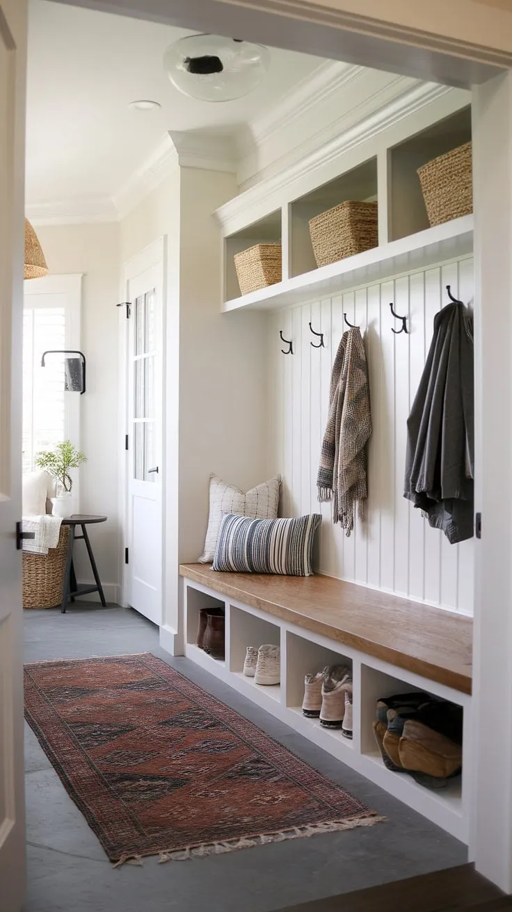 A bright and airy entryway mudroom, this space features a functional drop zone entry for easy organization. The mudroom wood bench provides convenient seating and hidden storage, while the simple coat hooks complete the modern mudroom look. This mudroom entrance is a perfect example of smart entryway design, offering plenty of mudroom ideas for a stylish and practical home.