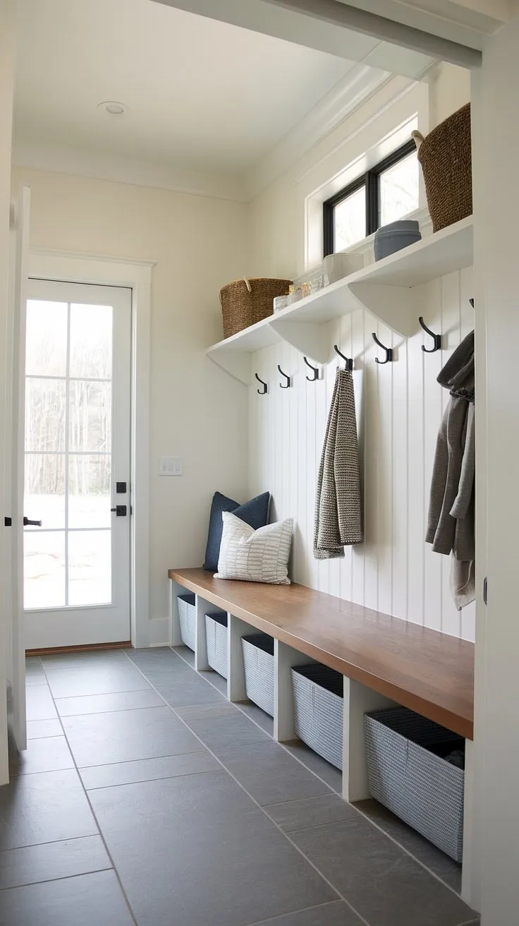Step into streamlined style with this mudroom with drop zone. The entry hall mudroom features a practical mudroom wood bench, clever storage, and a welcoming drop zone entry—perfect for mudroom ideas that blend function and modern design.