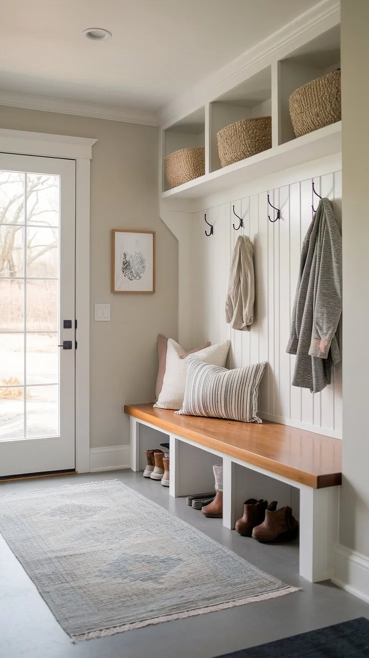 Step into effortless organization with this modern mudroom's drop zone entry. The perfect blend of style and function for your entryway design.