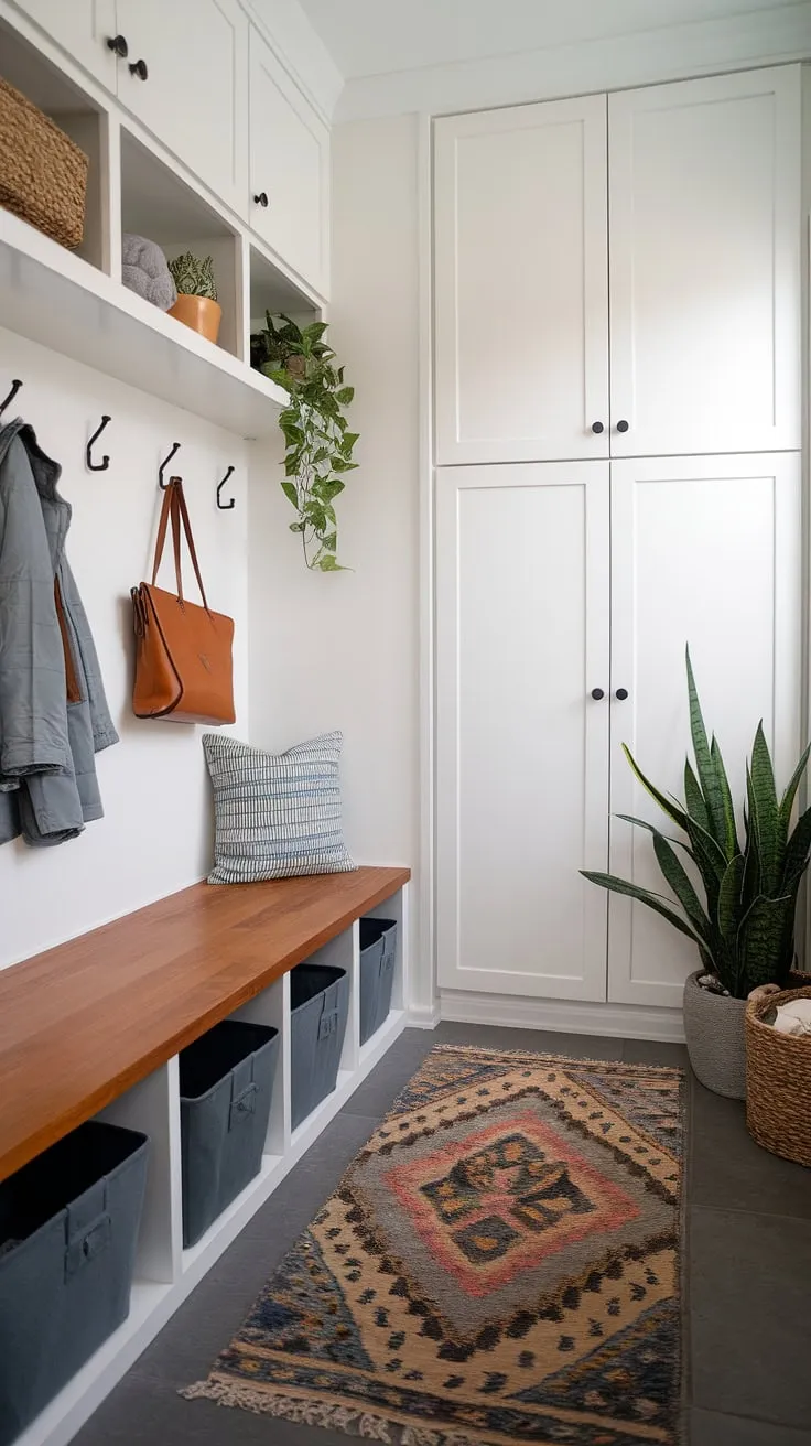 This modern mudroom boasts a functional drop zone entry, perfect for busy families. The mudroom wood bench with built-in storage, coupled with wall-mounted hooks, provides ample space for coats and bags. The clean lines and white cabinetry create a bright and airy entryway mudroom, while potted plants add a touch of life. This entry hall mudroom is a prime example of smart entryway design, transforming a mudroom entrance into a stylish and organized foyer mudroom. This mudroom with drop zone offers endless mudroom ideas.