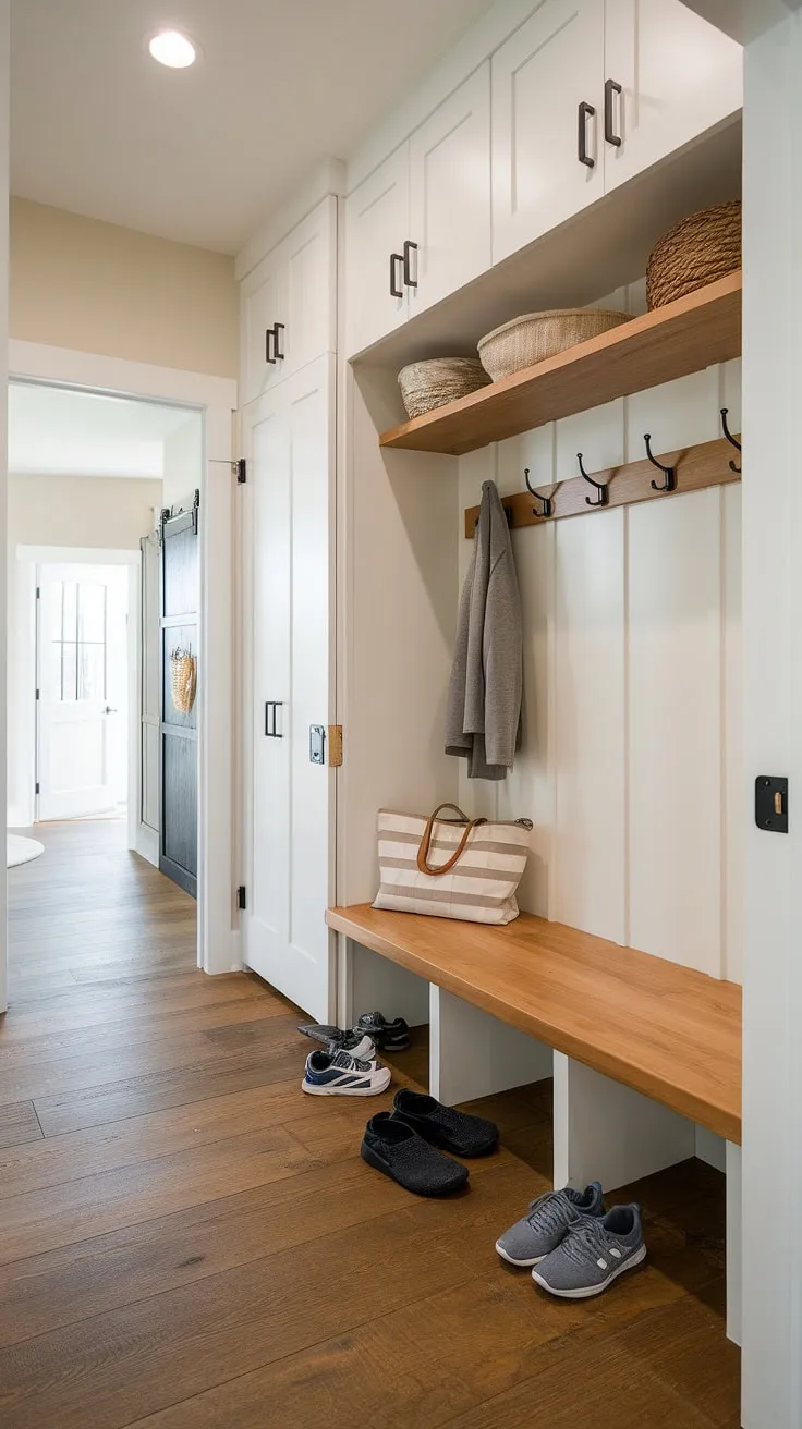 This entryway mudroom, a foyer mudroom marvel, boasts a stylish drop zone entry and mudroom wood bench, making this entry hall mudroom the perfect mudroom with drop zone for busy families. A stunning example of entryway design.