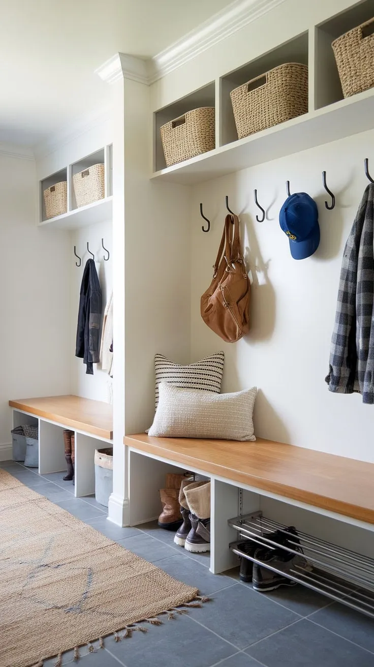 This modern mudroom boasts a functional drop zone entry, perfect for busy families. The mudroom wood bench with built-in storage, coupled with the hanging shoe rack and overhead shelving, offers ample space for organization. This entryway mudroom, or foyer mudroom, even functions as an entry hall mudroom, showcasing clever mudroom ideas for a clean and efficient entryway design. The overall design makes this mudroom with drop zone a stylish and practical mudroom entrance.