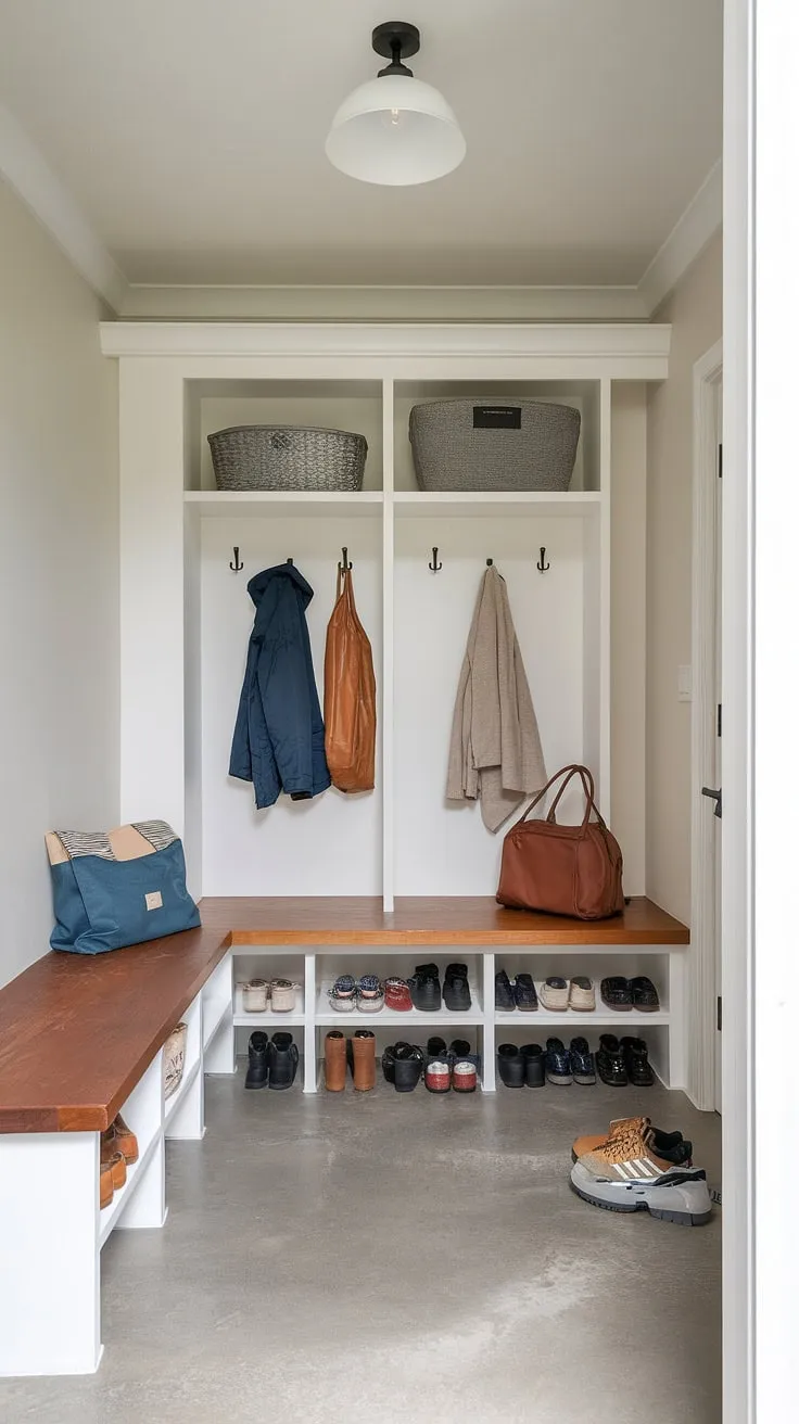 This modern mudroom boasts a practical drop zone entry, perfect for busy families. The mudroom wood bench provides ample seating while integrated storage units keep coats, shoes, and bags organized. This entryway mudroom design offers a stylish and functional solution for any home, transforming a mudroom entrance into a welcoming foyer mudroom. The concrete floor adds a touch of industrial chic to this entry hall mudroom, showcasing clever mudroom ideas.