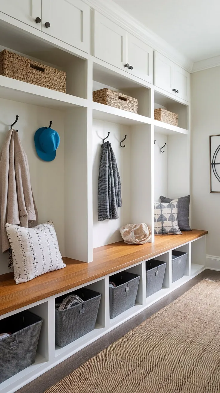 Step into effortless organization with this entryway design. A mudroom wood bench with built-in storage anchors this functional mudroom entrance, while the thoughtfully placed hooks and shelves maximize space in this entryway mudroom. The rug adds a touch of warmth to this modern mudroom, showcasing clever mudroom ideas for a stylish and practical drop zone entry.
