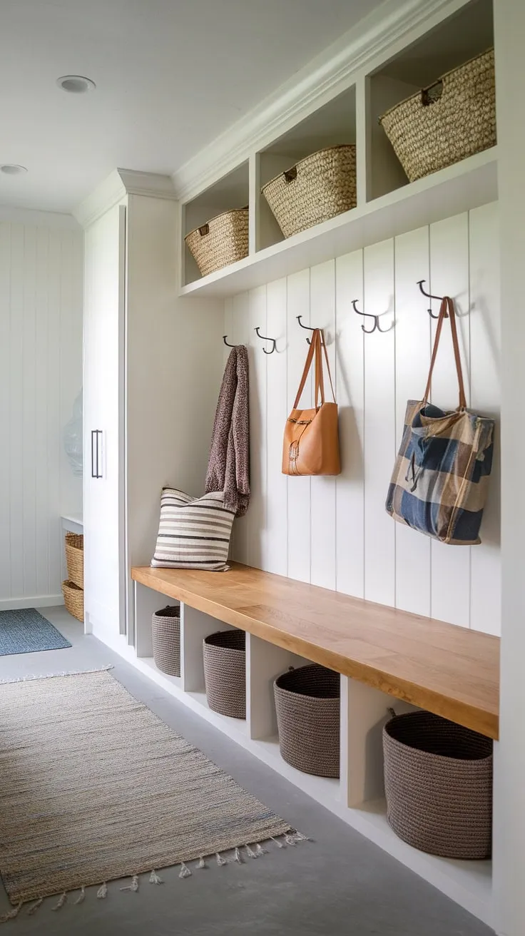 This modern mudroom boasts a functional drop zone entry, perfect for busy families. The mudroom wood bench with woven baskets underneath provides ample storage, complemented by wall hooks for coats and bags. Clever shelving maximizes space in this entryway mudroom, creating a clean and organized entry hall mudroom. This entryway design exemplifies smart mudroom ideas for a stylish and practical mudroom with drop zone and mudroom entrance.