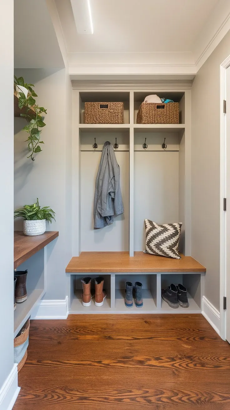 Step into this inviting entryway mudroom, a perfect blend of form and function. The thoughtfully designed drop zone entry features a convenient mudroom wood bench, ample storage solutions, and a calming color palette. This modern mudroom showcases clever mudroom ideas, transforming a often-overlooked mudroom entrance into a stylish and organized entryway design. The foyer mudroom's efficient layout, including a dedicated area for shoes and coats, makes it an ideal mudroom with drop zone for busy households. The addition of greenery completes the look of this entry hall mudroom.