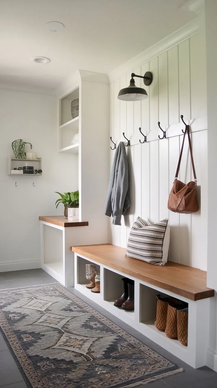 This entryway design features a stunning modern mudroom with drop zone, perfect for maintaining a clutter-free entry hall mudroom. The mudroom with drop zone incorporates a stylish mudroom wood bench with storage, a wall-mounted light fixture, and a practical hook rail. These mudroom ideas create a functional and aesthetically pleasing foyer mudroom and mudroom entrance. The white walls and patterned rug add a touch of elegance to this efficient space.