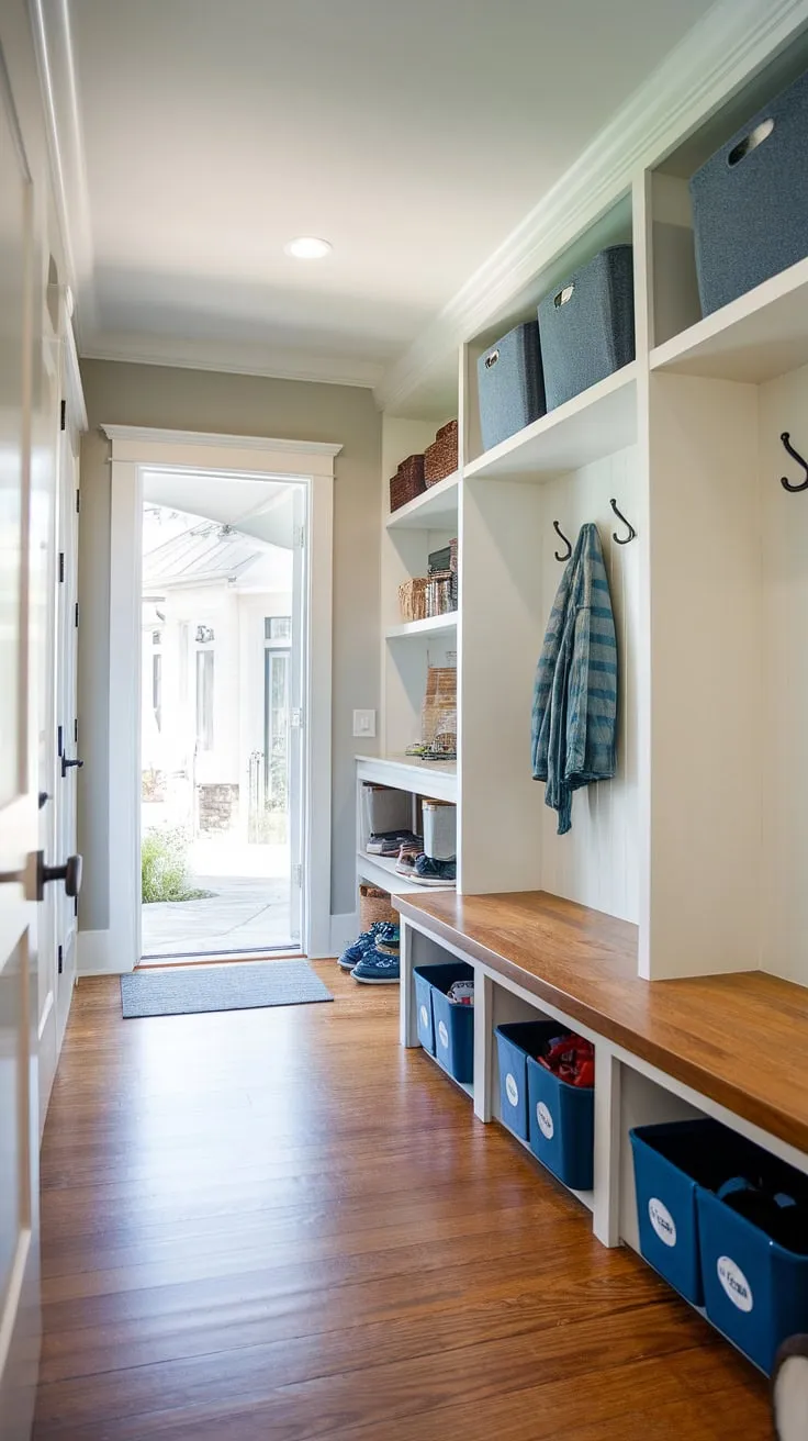 Step into effortless organization with this stunning drop zone entry. Modern mudroom ideas meet practical function in this entryway mudroom, featuring a mudroom wood bench and ample storage.