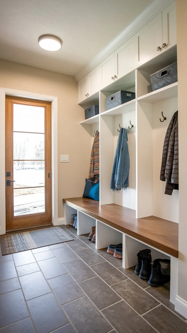 This entryway mudroom, a stunning example of entryway design, boasts a practical drop zone entry and a stylish mudroom with drop zone. Perfect mudroom ideas for a busy family.
