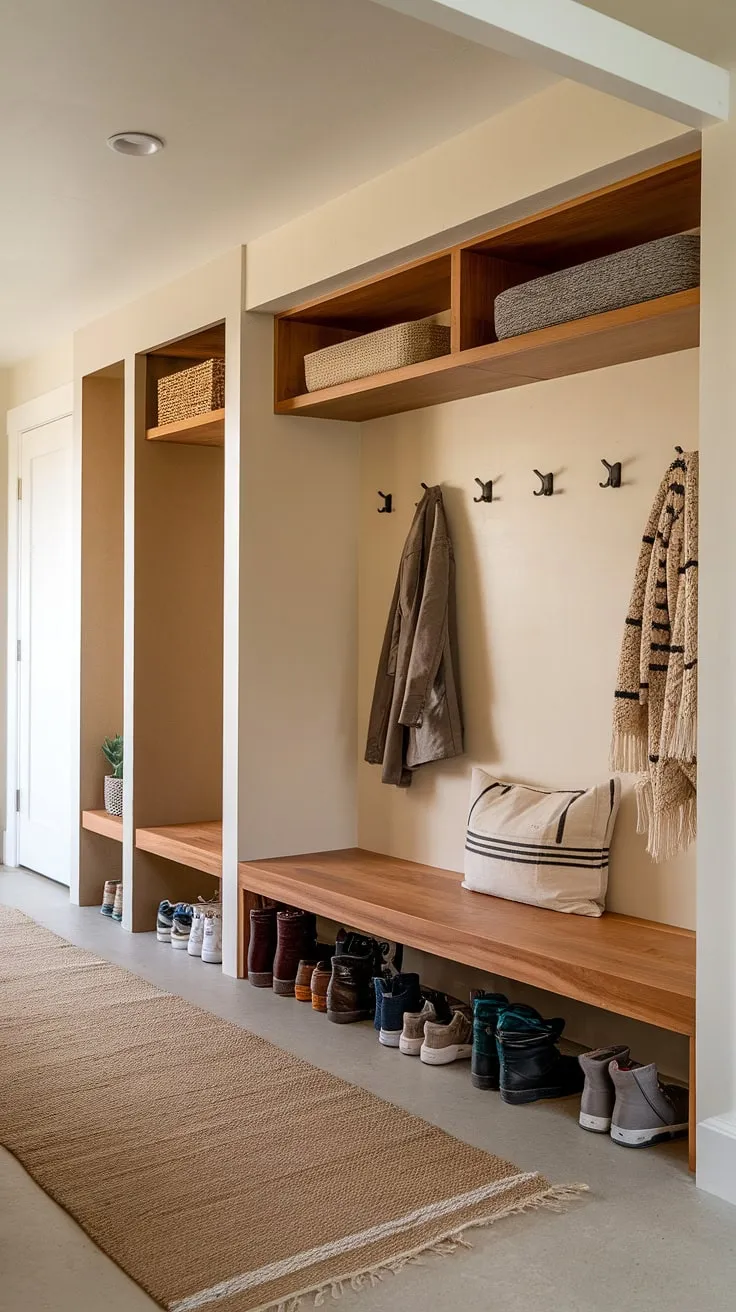 This entry hall mudroom, featuring a mudroom wood bench and ample storage, transforms a mudroom entrance into a stylish drop zone entry. Mudroom ideas made easy.
