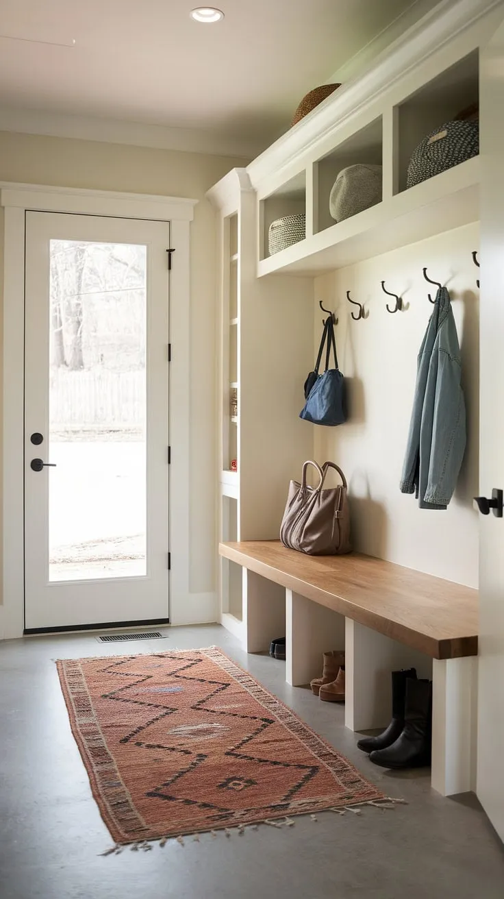 Step into effortless organization with this entry hall mudroom. The thoughtfully designed drop zone entry features a stylish mudroom wood bench with storage, providing a designated area to drop belongings. Wall-mounted hooks and a coat rack add extra hanging space, making this entryway mudroom the perfect solution for managing everyday clutter. This modern mudroom, ideal as a foyer mudroom, offers a blend of functionality and style, showcasing inspiring mudroom ideas for your own mudroom with drop zone. The calming color scheme and comfortable rug enhance the welcoming mudroom entrance.
