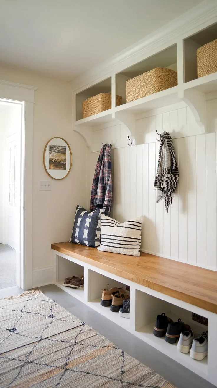 This modern mudroom boasts a practical drop zone entry, complete with a stylish mudroom wood bench offering ample storage. The white walls and simple shelves create a clean entryway design, perfect for a busy family. This entry hall mudroom and foyer mudroom combination provides the ultimate mudroom with drop zone solution, showcasing clever mudroom ideas for a functional and aesthetically pleasing mudroom entrance.