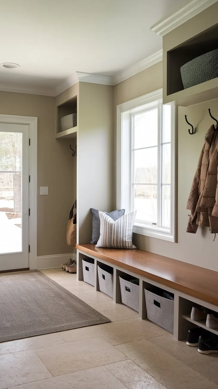 Step into this modern mudroom, a perfectly organized drop zone entry designed for busy families. The mudroom wood bench with built-in storage, paired with coat hooks and shoe shelving, offers a practical and stylish solution for entryway mudroom organization. This entry hall mudroom, with its light gray walls and beige tile floor, exemplifies clever mudroom ideas for a functional and welcoming foyer mudroom and mudroom entrance. The entryway design seamlessly blends form and function.
