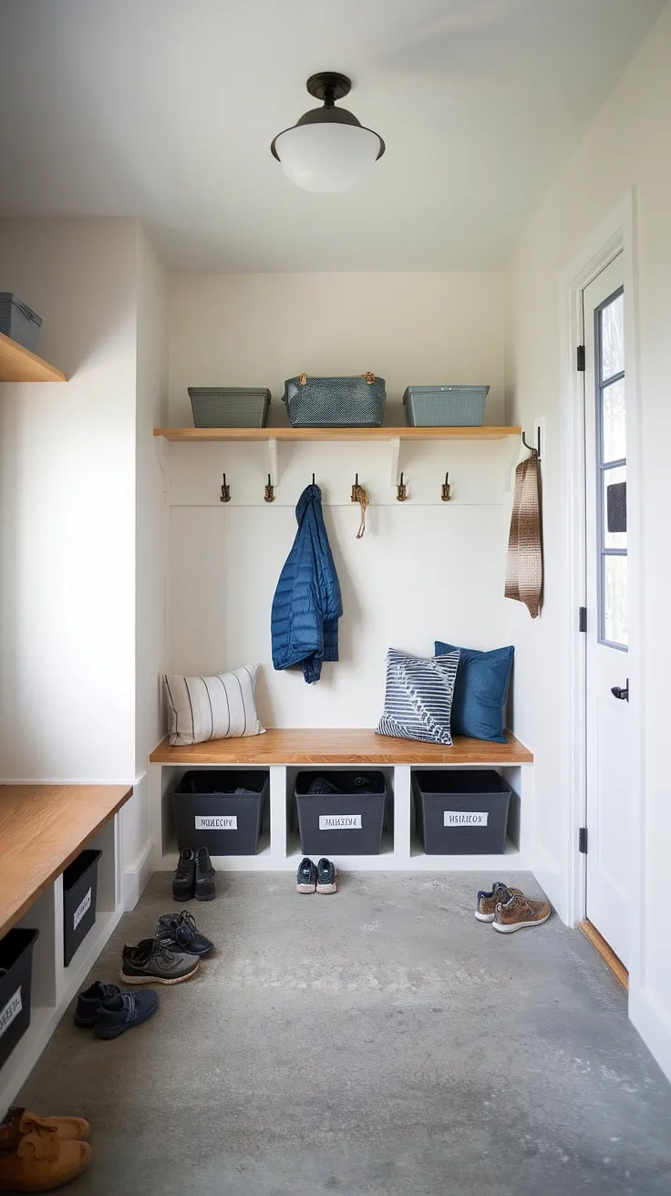 This modern mudroom boasts a functional drop zone entry, perfect for busy families. The mudroom wood bench with built-in storage provides ample space for shoes and bags, while the overhead shelf with hooks keeps coats and keys organized. This entryway mudroom design, with its concrete floor and white walls, offers a clean and stylish solution for any foyer mudroom or entry hall mudroom. Consider this mudroom with drop zone for your own entryway design inspiration.