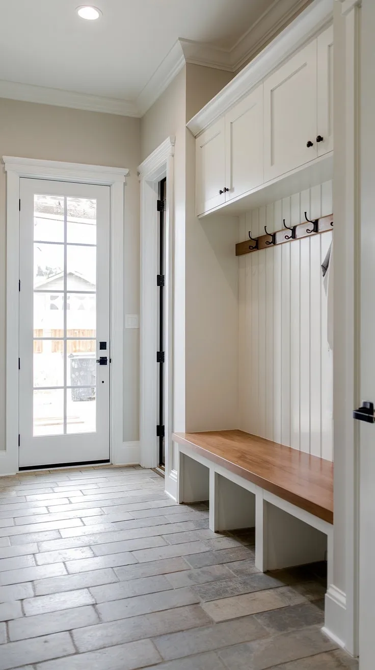This modern mudroom boasts a practical drop zone entry, complete with a stylish wood bench offering ample storage beneath. The light grey walls and large rectangular floor tiles create a clean, inviting atmosphere, perfect for this entryway mudroom. The coat rack adds functionality to this well-designed foyer mudroom, making it an ideal mudroom with drop zone and a smart entry hall mudroom solution. This entryway design showcases the perfect blend of form and function.