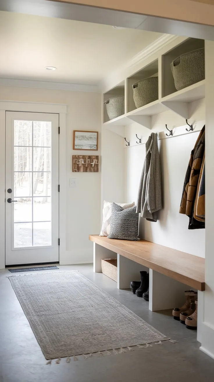 This mudroom with drop zone is the epitome of modern mudroom design. A built-in wood bench provides ample storage, while strategically placed hooks create a designated drop zone entry for coats and bags. This entryway mudroom, perfect as a foyer mudroom or entry hall mudroom, offers a stylish and functional solution for managing everyday clutter. Explore these mudroom ideas for your own mudroom entrance.
