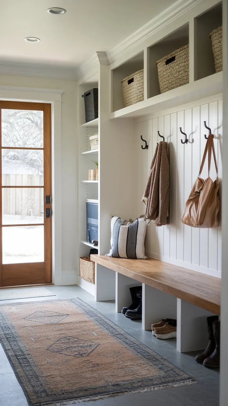 Step into streamlined style with this entryway mudroom. The drop zone entry and mudroom with drop zone offer practical entryway design, while the mudroom wood bench adds a touch of warmth to this entry hall mudroom.