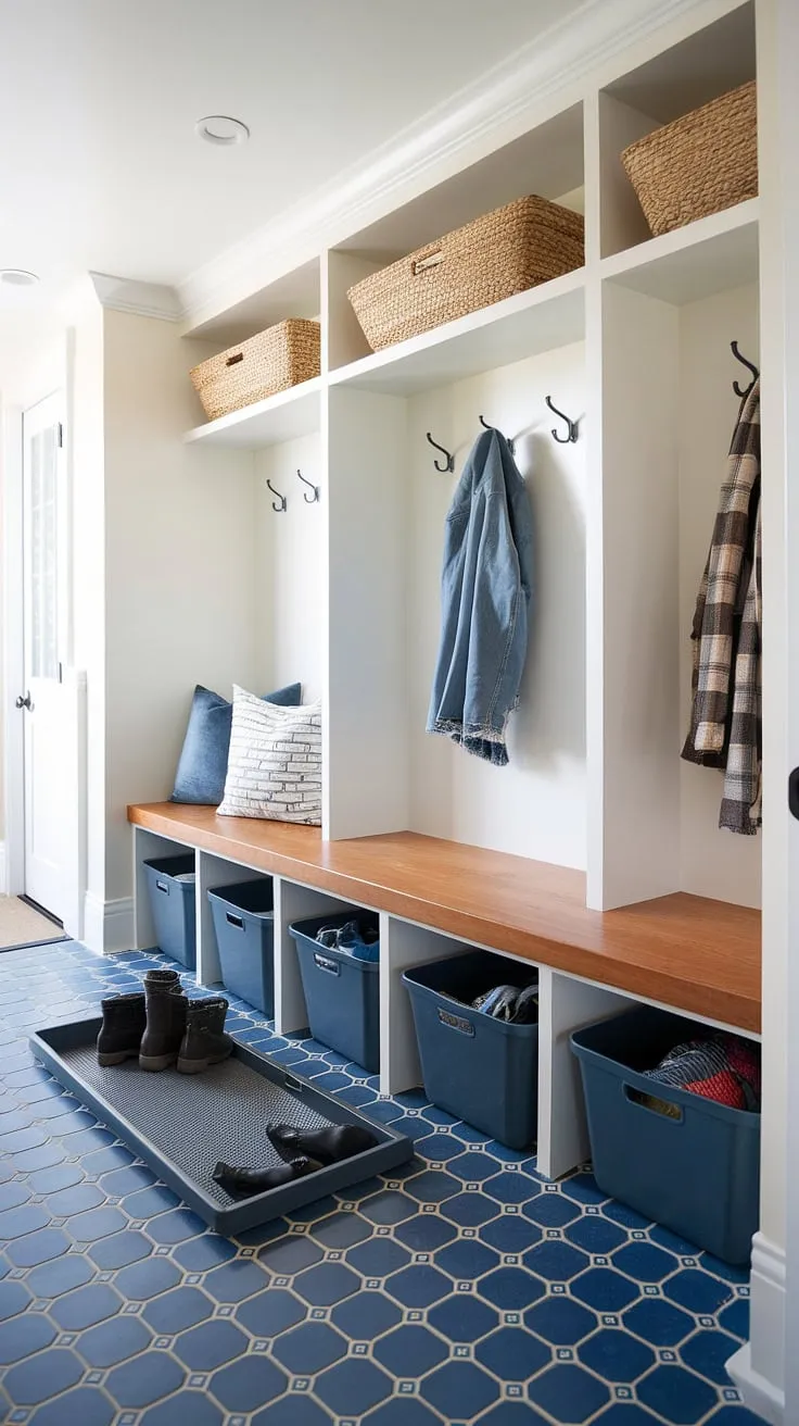 This modern mudroom boasts a practical drop zone entry, complete with a stylish mudroom wood bench offering ample storage. The entryway mudroom's blue and white tiled floor adds a touch of elegance, while the coat rack and shelves provide further organization. Perfect mudroom ideas for a functional and aesthetically pleasing entry hall mudroom or foyer mudroom. This entryway design transforms a mudroom entrance into a welcoming and efficient space.