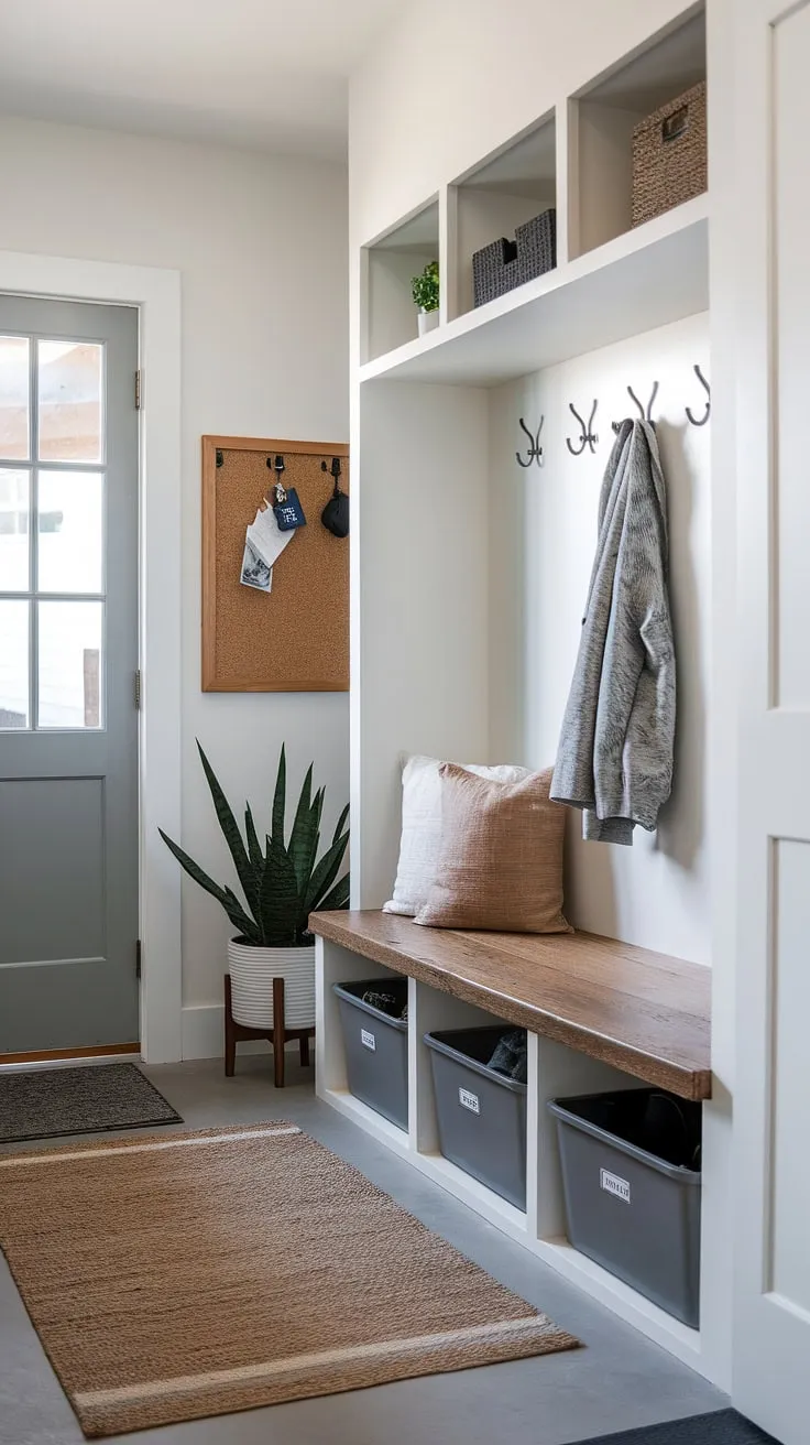 This modern mudroom boasts a sleek and functional drop zone entry, perfect for busy families. The mudroom wood bench with built-in storage provides ample space, while the corkboard and hooks keep keys and coats organized. This entryway mudroom, also functioning as a foyer mudroom, showcases smart mudroom ideas for an entry hall mudroom. The addition of a potted plant adds a touch of warmth to this entryway design. This mudroom with drop zone is the ultimate mudroom entrance.