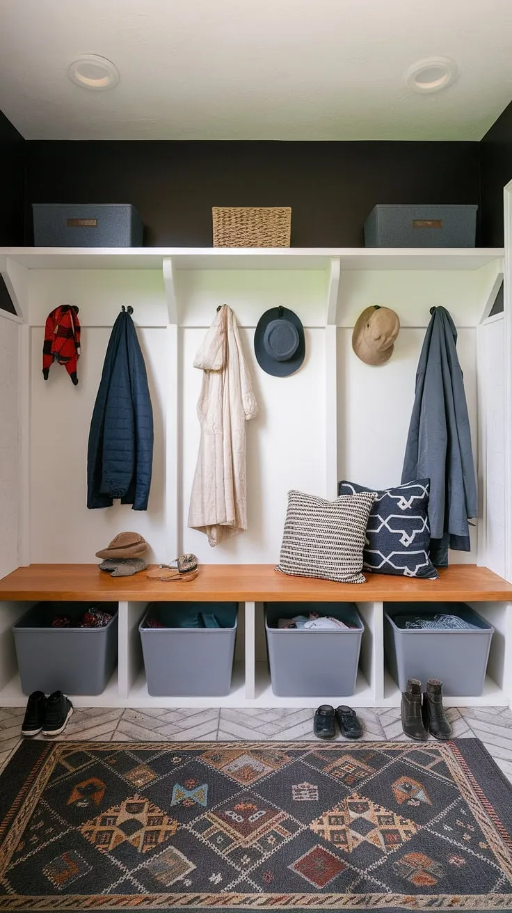 This modern mudroom boasts a practical drop zone entry, complete with a stylish mudroom wood bench offering ample storage. The dark wall provides a sophisticated backdrop to this entryway mudroom, while the patterned rug adds warmth. Perfect mudroom ideas for a functional and aesthetically pleasing foyer mudroom or entry hall mudroom. This entryway design seamlessly blends form and function, creating a welcoming mudroom entrance.
