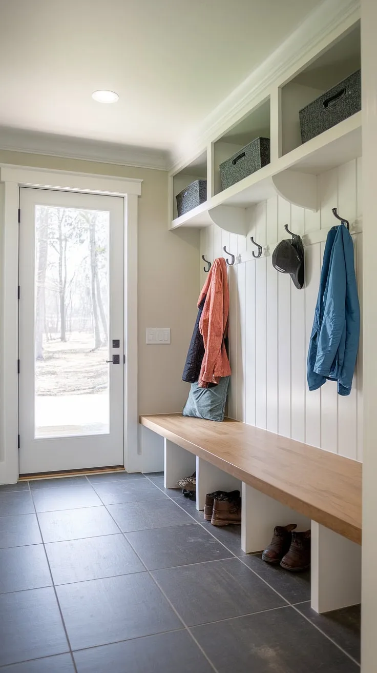 This entryway design boasts a functional and aesthetically pleasing entryway mudroom. The mudroom wood bench offers ample storage beneath, complementing the wall-mounted hooks and shelf. This mudroom with drop zone provides the perfect solution for a busy family, acting as a designated drop zone entry. Consider this modern mudroom a source of inspiration for your own mudroom ideas, transforming your mudroom entrance into an organized and welcoming foyer mudroom.