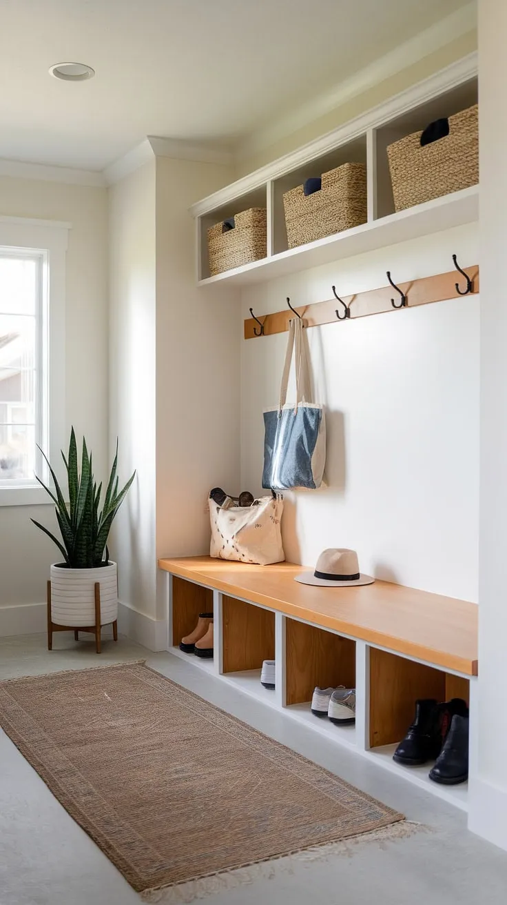Step into effortless organization with this stunning drop zone entry. Modern mudroom ideas at their finest, featuring a practical mudroom wood bench and stylish entryway design.