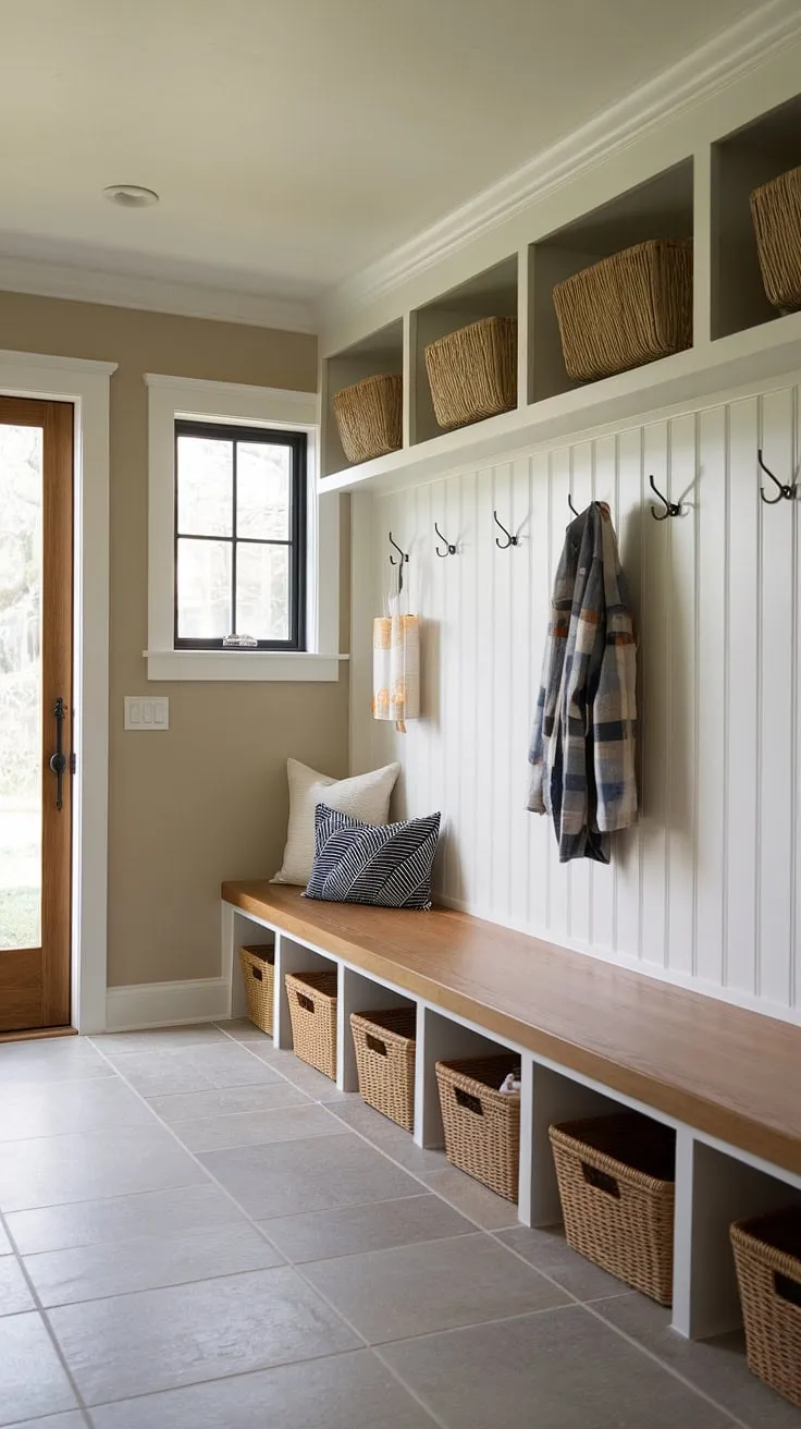 This entryway design transforms a mudroom entrance into a stylish and functional space. A mudroom wood bench with built-in storage sits beneath a row of coat hooks, creating the ideal drop zone entry. The modern mudroom's neutral palette and tiled floor complement the efficient use of space, offering a perfect blend of form and function for your entryway mudroom. These mudroom ideas are perfect for creating a welcoming and organized mudroom with drop zone.