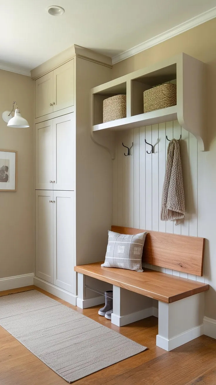 Step into serenity with this entry hall mudroom. The thoughtfully designed drop zone entry and mudroom wood bench make this foyer mudroom the ultimate mudroom with drop zone, offering both practicality and modern elegance.