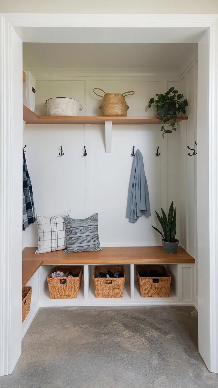 A streamlined entryway design, this entryway mudroom features a dedicated drop zone entry for ultimate organization. The mudroom with drop zone includes a stylish mudroom wood bench with storage bins, providing a convenient place to sit and remove shoes. Additional hooks and shelving complete this functional modern mudroom, making it a perfect mudroom entrance and a great example of mudroom ideas.