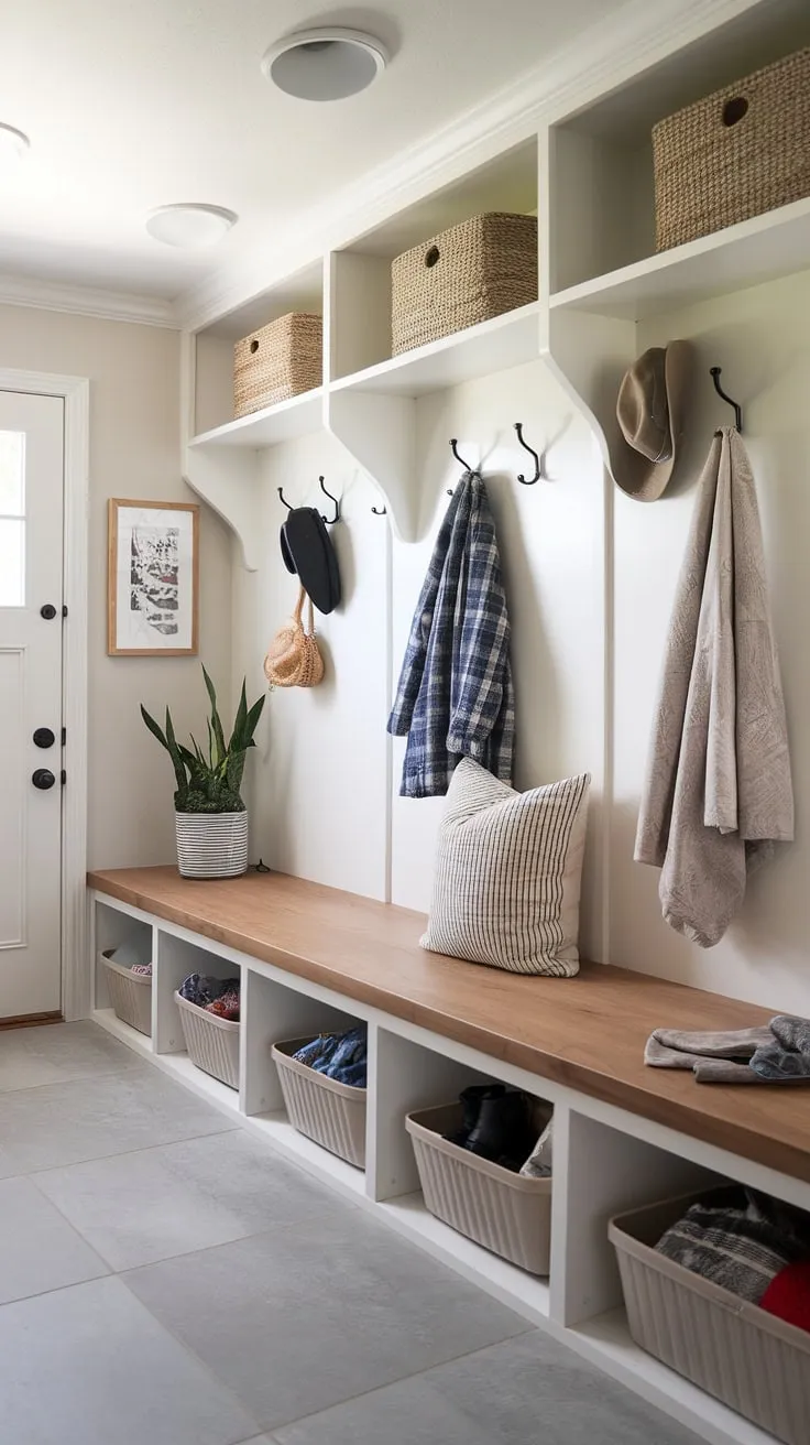 Step into this modern mudroom, a perfectly organized drop zone entry designed for busy families. The mudroom wood bench with built-in storage, coupled with ample hooks and shelves, provides a stylish and functional solution for coats, hats, and shoes. This entryway mudroom, also serving as a foyer mudroom and entry hall mudroom, showcases clever mudroom ideas for maximizing space and minimizing clutter. The entryway design seamlessly blends practicality with a touch of personality, thanks to the addition of a plant and decorative lamp. This mudroom with drop zone is the ultimate mudroom entrance.
