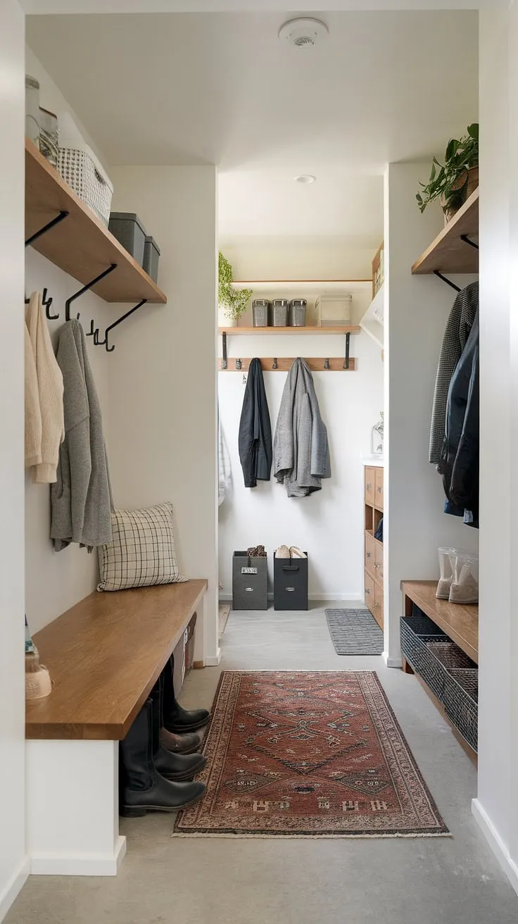 This entry hall mudroom boasts a stylish drop zone entry, transforming a mudroom entrance into a chic foyer mudroom. Discover the perfect blend of form and function in this mudroom with drop zone and entryway design.