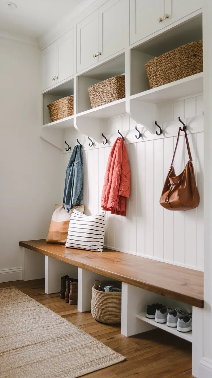 A streamlined entryway design, this entryway mudroom features a mudroom wood bench and dedicated drop zone area with a basket for shoes. White walls and wood flooring create a bright and airy atmosphere in this modern mudroom. The thoughtful inclusion of shelves provides ample storage, making this mudroom entrance and foyer mudroom the ultimate mudroom with drop zone solution. Explore these mudroom ideas for your own home.