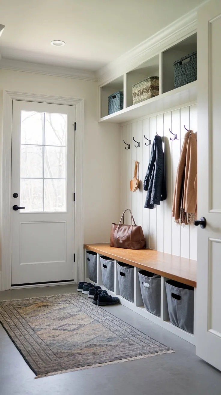 This entryway mudroom boasts a stylish and functional drop zone entry, perfect for keeping your home organized. The modern mudroom features a practical mudroom wood bench with storage, a coat rack, and a welcoming rug. This entry hall mudroom offers a wealth of mudroom ideas, transforming a simple mudroom entrance into a beautiful and efficient foyer mudroom. The design is a masterclass in entryway design.