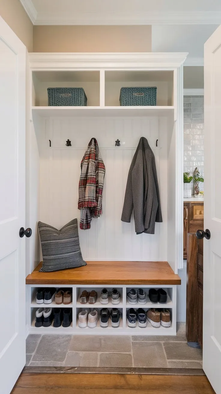 Effortless organization starts at the drop zone entry. This modern mudroom, with its wood bench and thoughtful entryway design, transforms a busy entry hall mudroom into a stylish foyer mudroom. Mudroom ideas perfected.