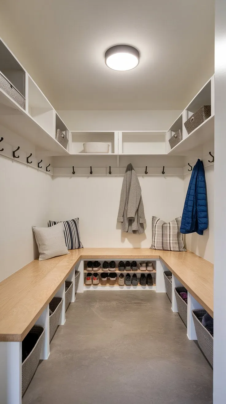 Step into effortless organization with this entry hall mudroom featuring a dedicated drop zone. The mudroom with drop zone includes a stylish mudroom wood bench, providing both seating and storage. This modern mudroom design, perfect for any entryway mudroom, showcases how thoughtful planning can create a welcoming and functional mudroom entrance. Explore these mudroom ideas for your own home.