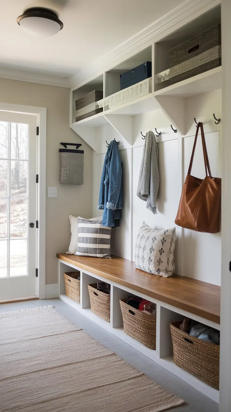 This entryway mudroom boasts a stylish and functional drop zone entry, making it the ideal mudroom with drop zone. Mudroom ideas abound in this space, featuring a practical mudroom wood bench with storage, a convenient coat rack, and wall-mounted hooks. The modern mudroom design seamlessly blends form and function, creating a welcoming foyer mudroom and an organized entry hall mudroom. This mudroom entrance is the epitome of efficient entryway design.