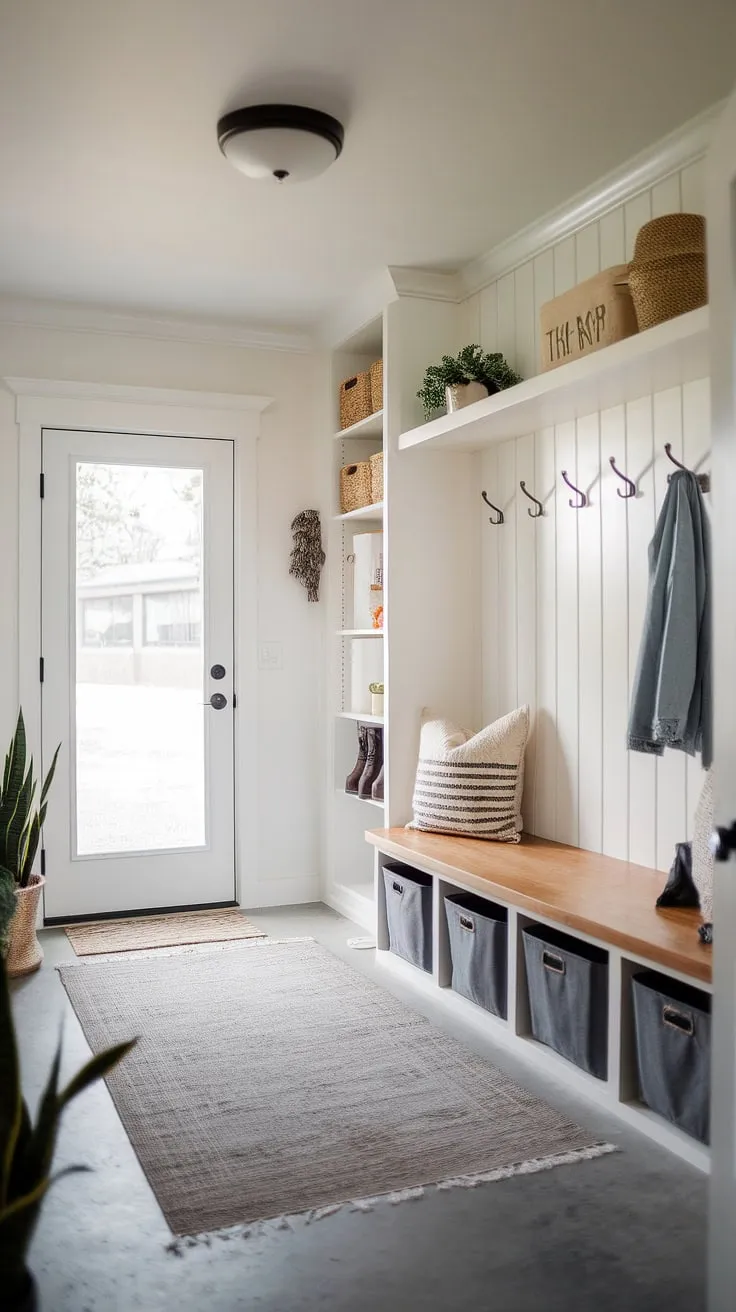 This modern mudroom boasts a practical drop zone entry, complete with a stylish wood bench offering ample storage beneath. The entryway mudroom design incorporates a coat rack and shelf above, creating a functional and aesthetically pleasing foyer mudroom. The rug adds warmth, while the plant and decorative accents personalize this entry hall mudroom. Perfect mudroom ideas for maximizing space and organization in your mudroom with drop zone and mudroom entrance.