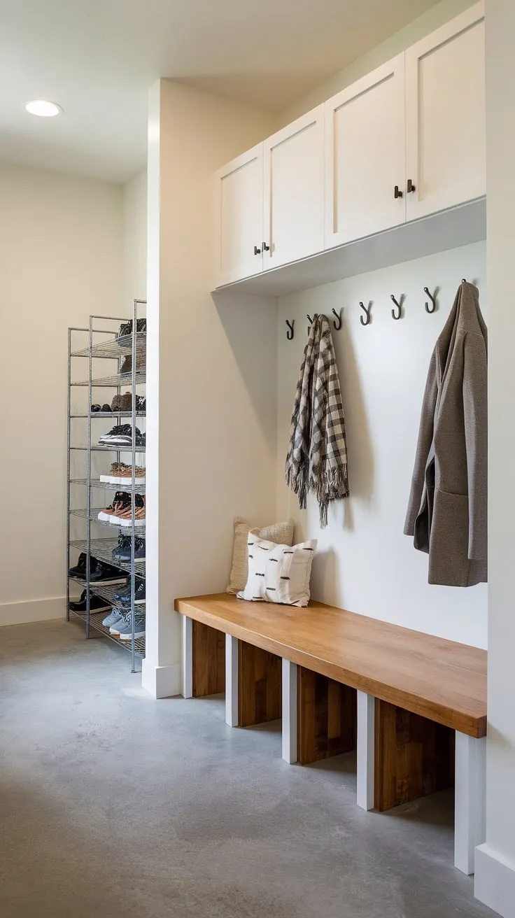 Step into effortless organization with this modern mudroom's drop zone entry. The perfect blend of style and function for your entryway design.